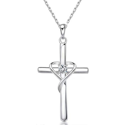 Heart Cross Crystal Pendant Necklace | Electroplated Alloy O-Link Chain for Women