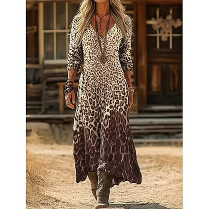 Women's 3D Print V-Neck Long Sleeve A-Line Dress