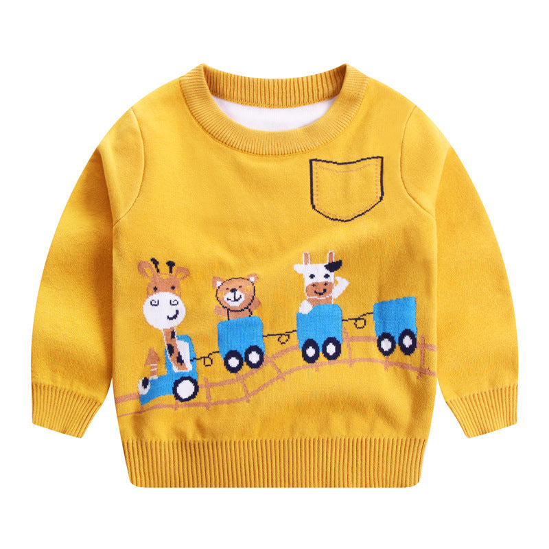 Boys Fawn Cartoon Double-Layer Cotton Knit Sweater | Kids Knitwear