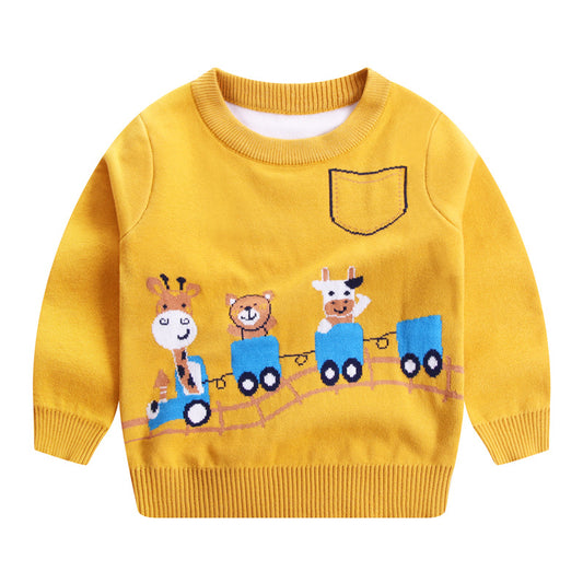 Boys Fawn Cartoon Double-Layer Cotton Knit Sweater | Kids Knitwear