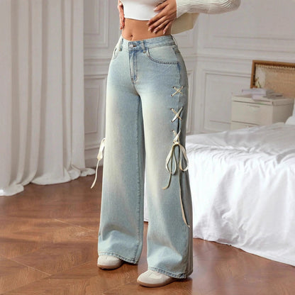 Women's High-Waist Bow Detail Straight-Leg Jeans - Peacock Blue
