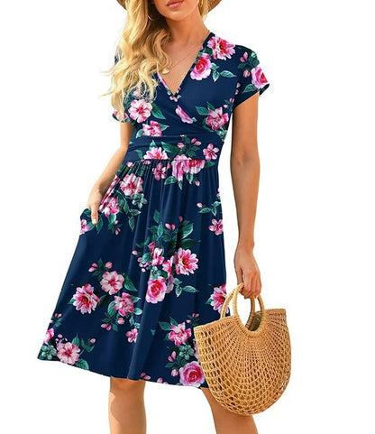 Women's Printed Midi Dress – High Waist, V-Neck & Pocket | S–3XL