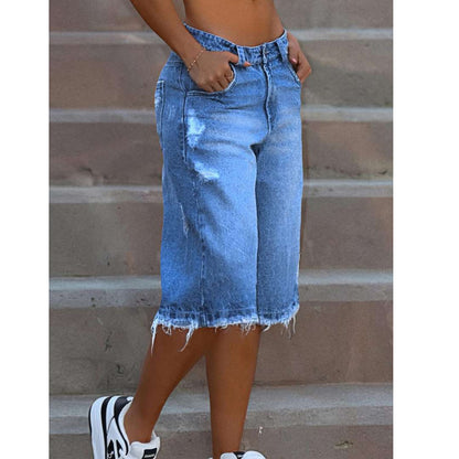 Women's Ripped Raw-Edge Denim Shorts - Blue, S-2XL