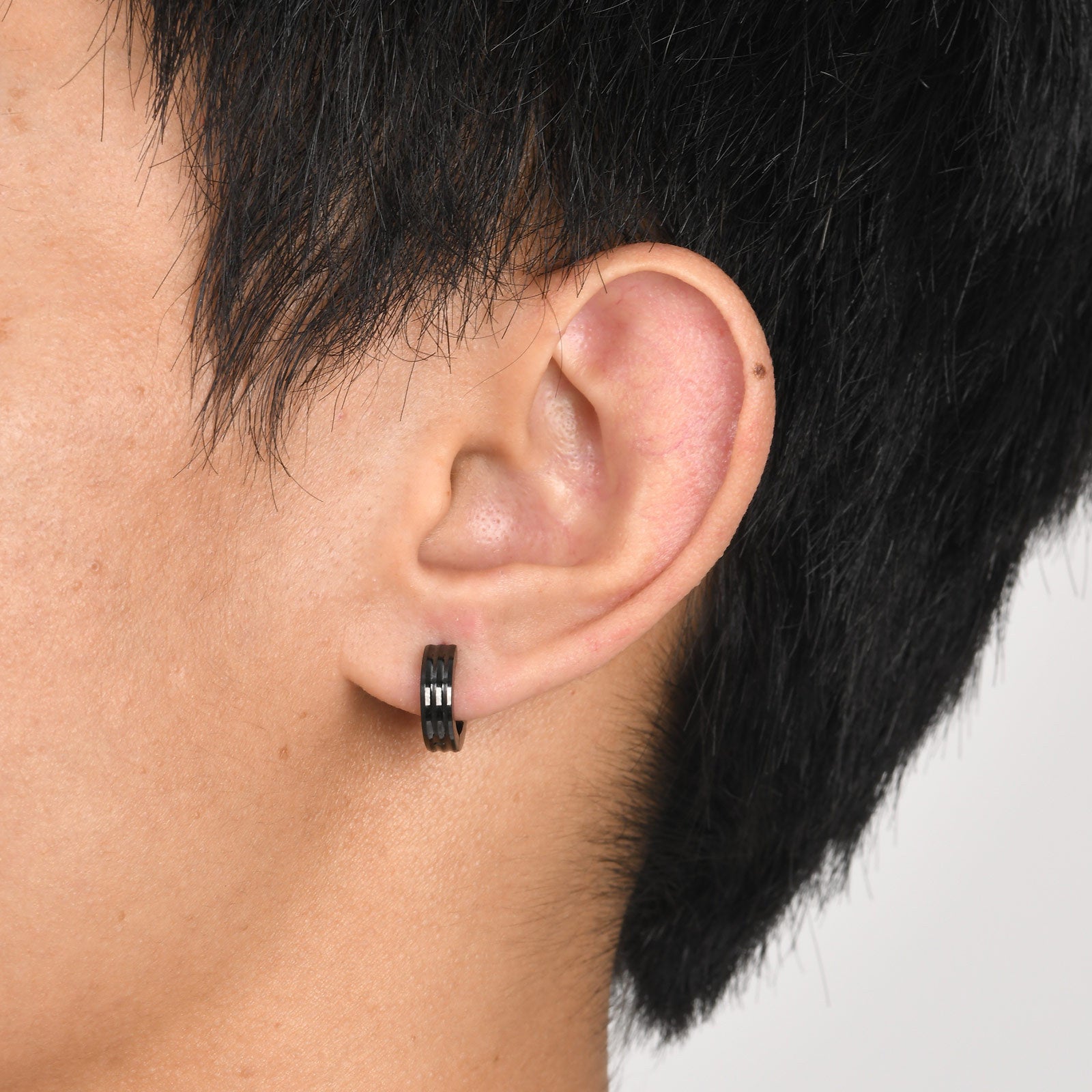 Men's Stainless Steel Triple Ring Earring | Black, Gold & Steel
