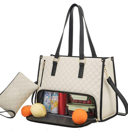 Women's Quilted Tote Bag | Insulated Lunch Compartment & Wallet