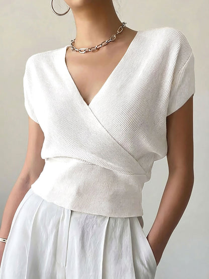 Women's V-Neck Knitted Top | Short-Sleeve High-Waisted Loose Fit Viscose Tee