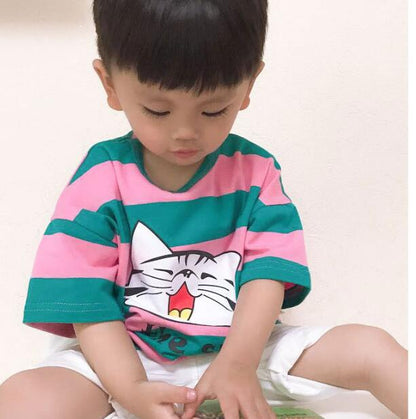 Girls Korean Style Striped Cotton Short Sleeve T-Shirt – 3 Colours