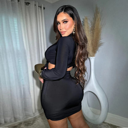 Women's Long-Sleeve Top & Mini Sheath Skirt Two-Piece Set