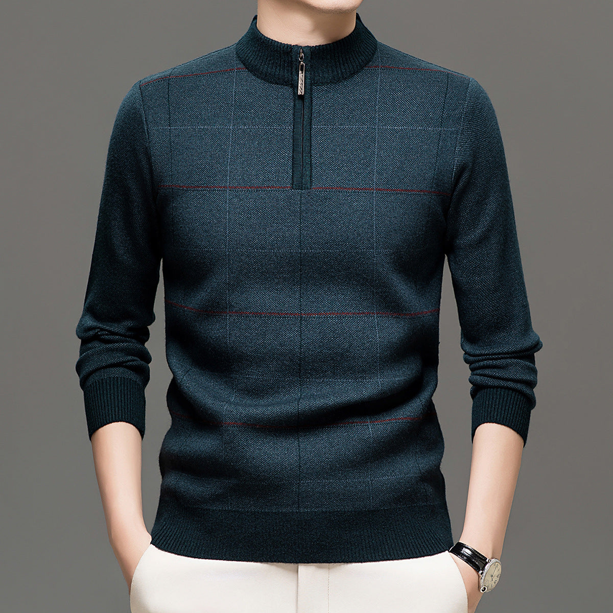 Men's Plaid Half-Zip Knit Sweater | Thick Stretch Fit | JParker