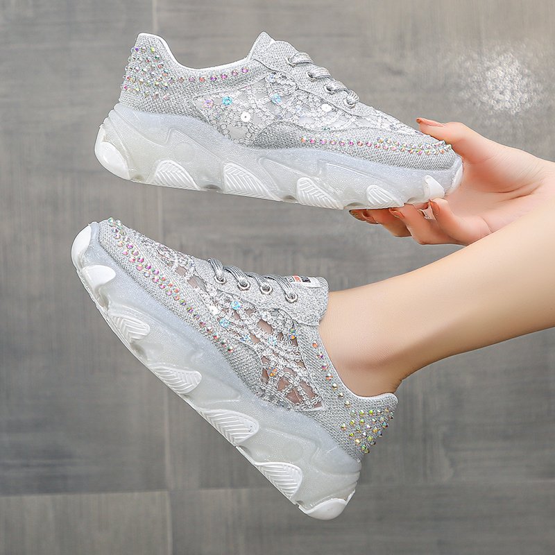 Women's Rhinestone Mesh Chunky Sole Shoes | Height-Increasing | Sizes 35-40