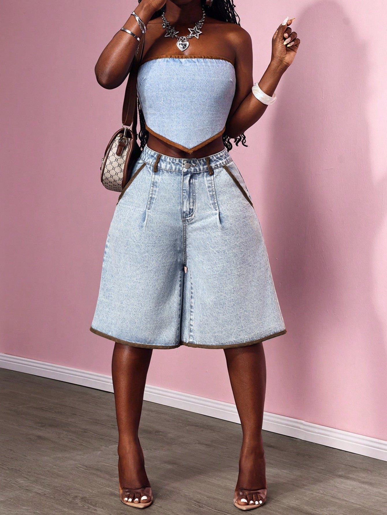 Women's Contrast Wide-Leg Cropped Jeans - Blue, S-XL