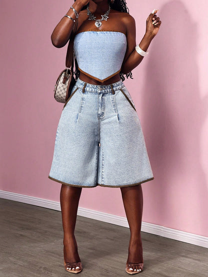 Women's Contrast Wide-Leg Cropped Jeans - Blue, S-XL
