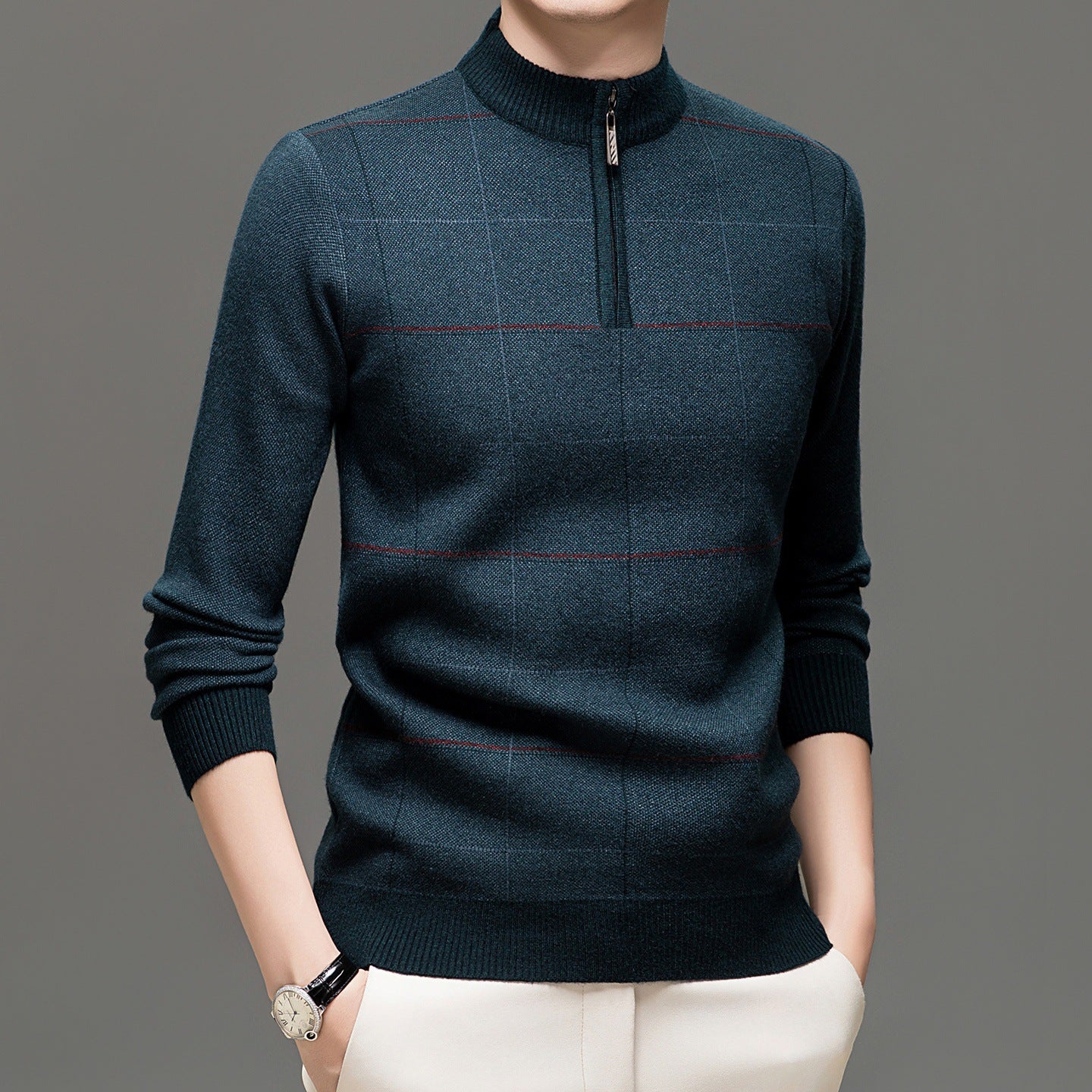 Men's Plaid Half-Zip Knit Sweater | Thick Stretch Fit | JParker