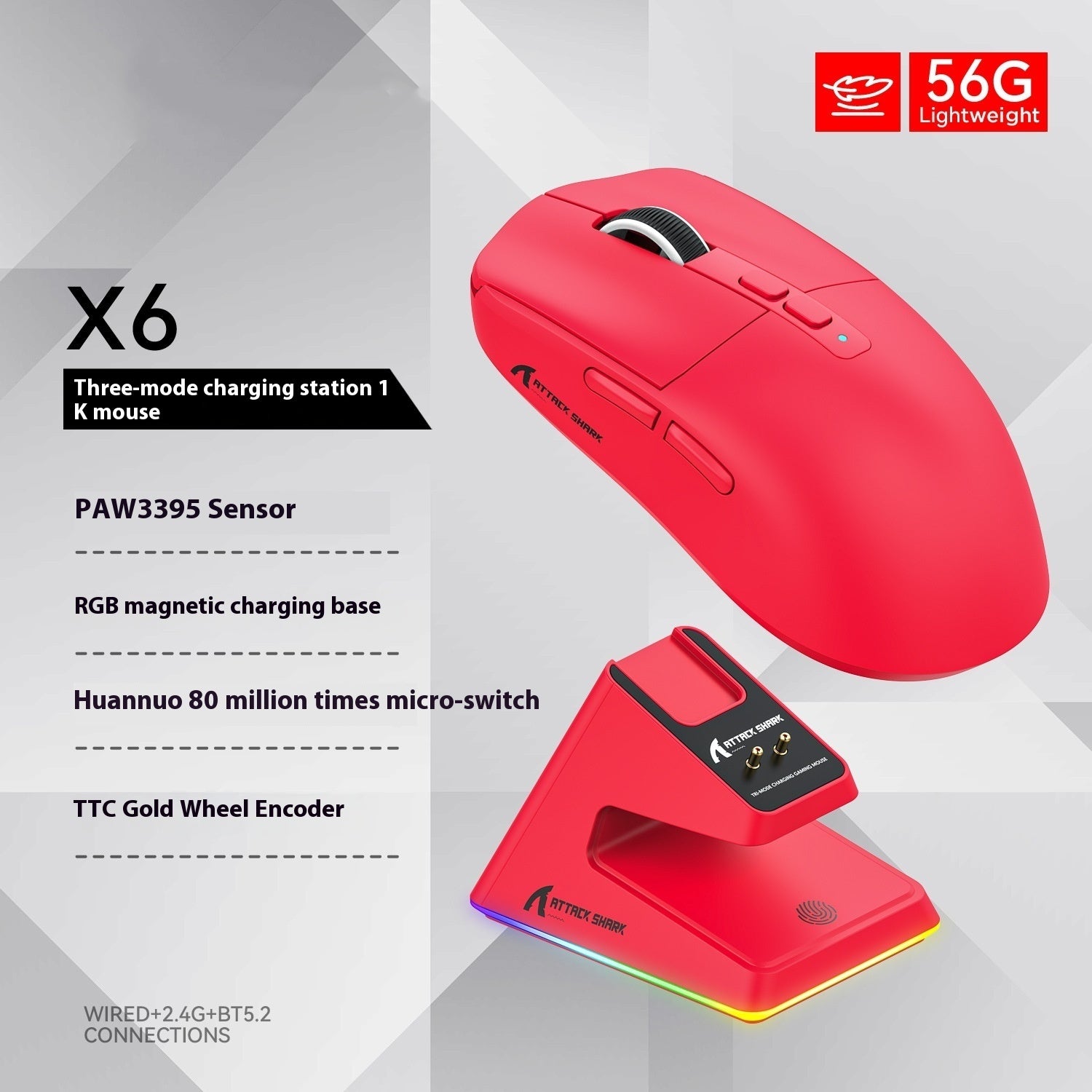 X6 Three-Mode Wireless Gaming Mouse - RGB Bluetooth USB