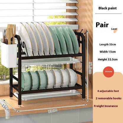 Double-Layer Carbon Steel Dish Rack & Kitchen Storage Rack with Chopstick Canister