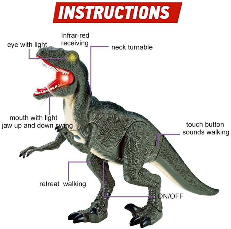 RC Walking Velociraptor Dinosaur Toy - Roaring Sounds Light-Up Eyes Infrared Remote Age 3+