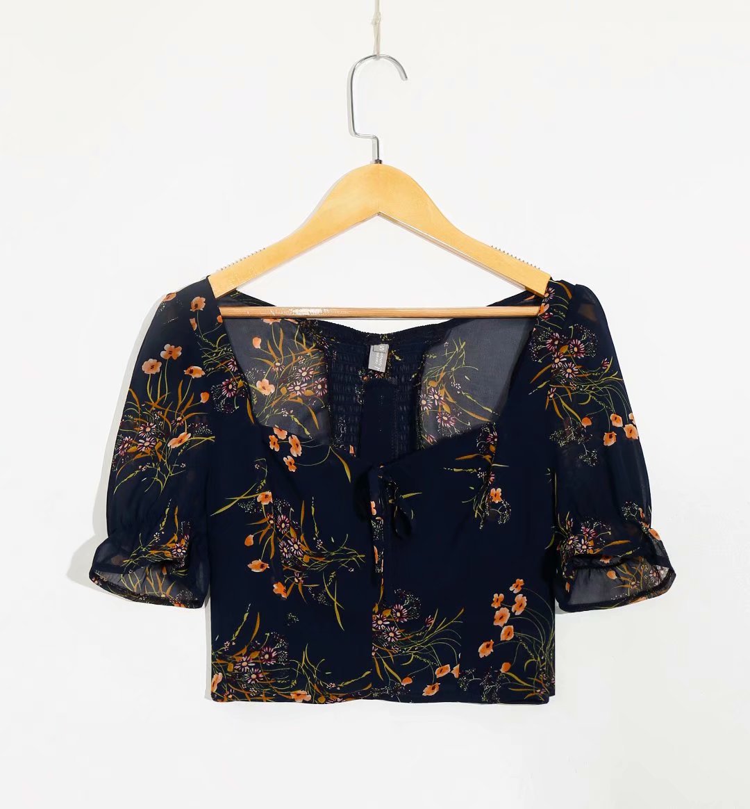 Women's Floral Puff-Sleeve Cropped Top | Slim-Fit 3D Print Streetwear Blouse