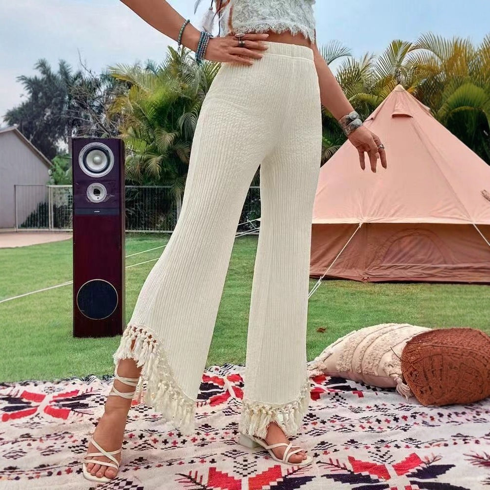 Women's High Waist Tassel Trim Trousers - Resort Style