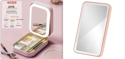 LED Makeup Mirror with Storage Box — Touch Dimmer, Adjustable Stand & Lipstick Organiser