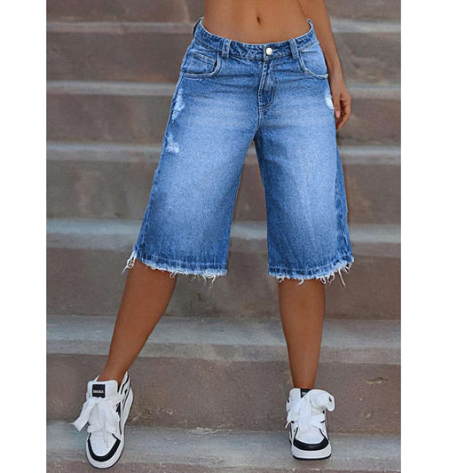 Women's Ripped Raw-Edge Denim Shorts - Blue, S-2XL