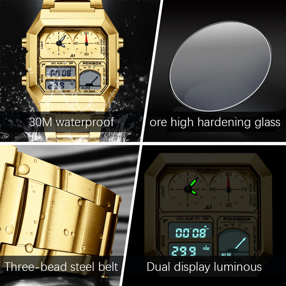 Men’s Dual Display Sport Chronograph Watch – 40mm Square, 30M Waterproof