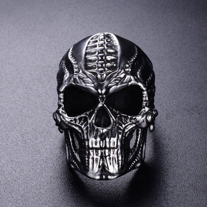 Men's Stainless Steel Skull Punk Ring – Wide Hip Hop Statement Band Silver, Black & Gold