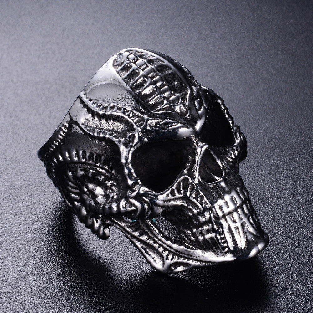 Men's Stainless Steel Skull Punk Ring – Wide Hip Hop Statement Band Silver, Black & Gold