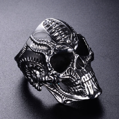 Men's Stainless Steel Skull Punk Ring – Wide Hip Hop Statement Band Silver, Black & Gold