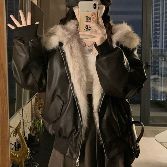 Women's Faux Leather Fur Collar Jacket – Slim Fit Short Coat