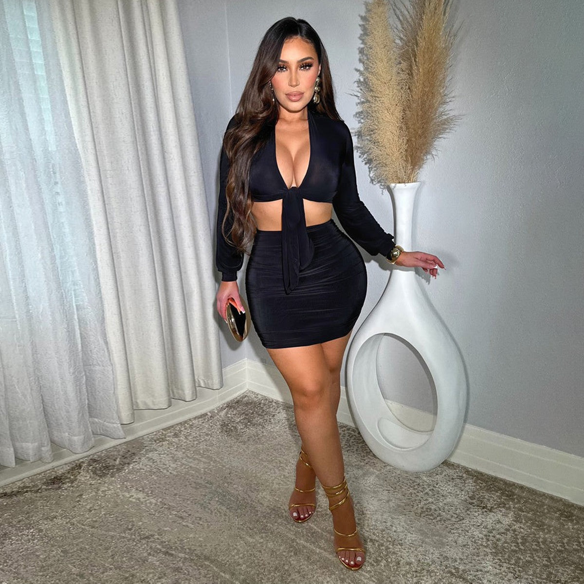 Women's Long-Sleeve Top & Mini Sheath Skirt Two-Piece Set