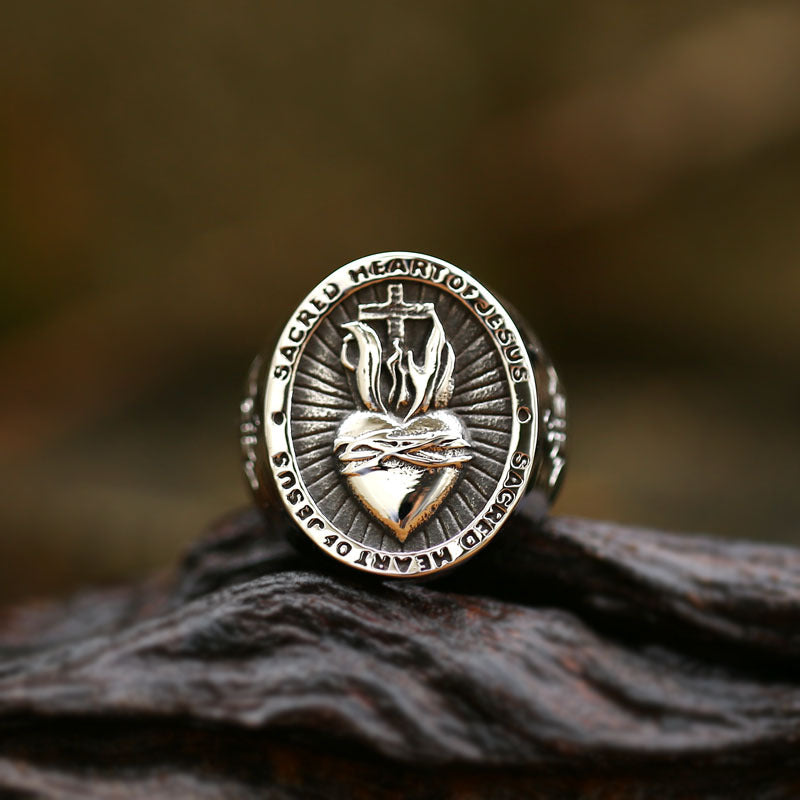 Men's Stainless Steel Sacred Heart of Jesus Ring – Punk Biker Cross Amulet