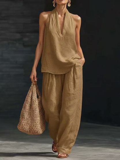 Women's Sleeveless Vest & Wide-Leg Trousers Two-Piece Set