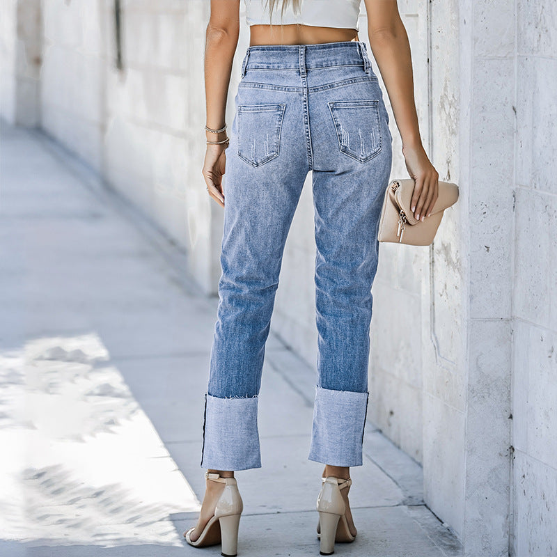Women's High Waist Ripped Cropped Trousers