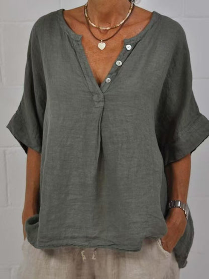 Women's Cotton-Linen V-Neck Button-Up Shirt | Relaxed Fit Casual Top