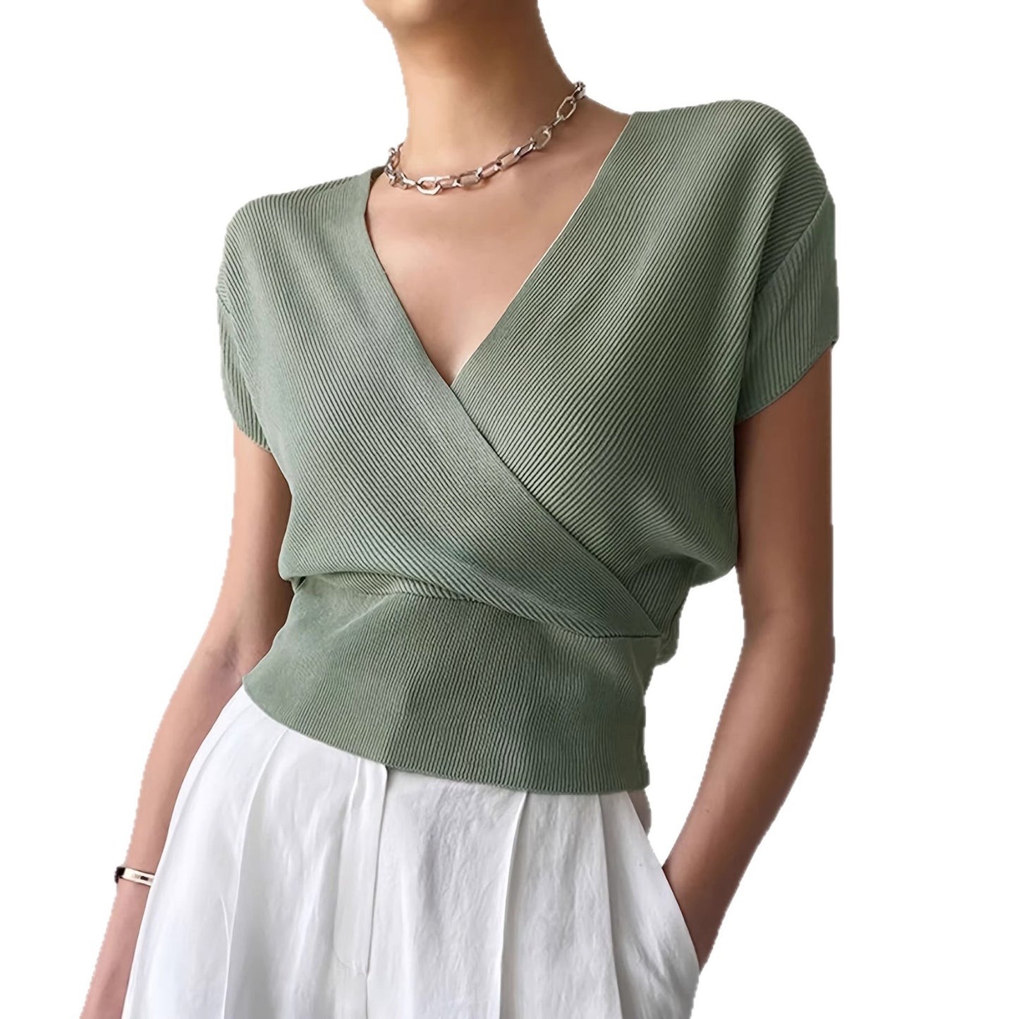 Women's V-Neck Knitted Top | Short-Sleeve High-Waisted Loose Fit Viscose Tee