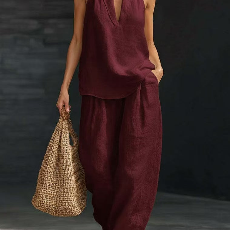 Women's Sleeveless Vest & Wide-Leg Trousers Two-Piece Set