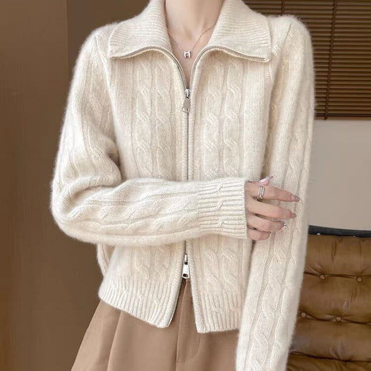 Women's Twist-Open Cardigan with Double Zip and Lapel Collar