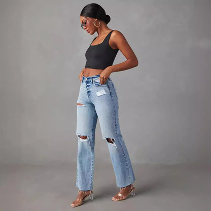 Women's High Waist Ripped Straight Leg Jeans
