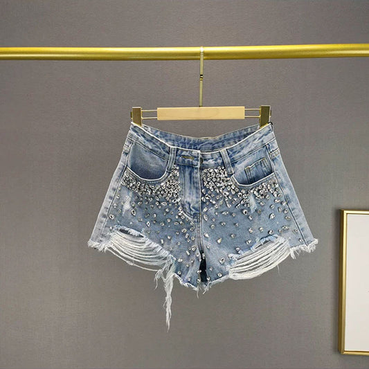Women's Wide-Leg Denim Shorts | Distressed Cut-Out | Blue