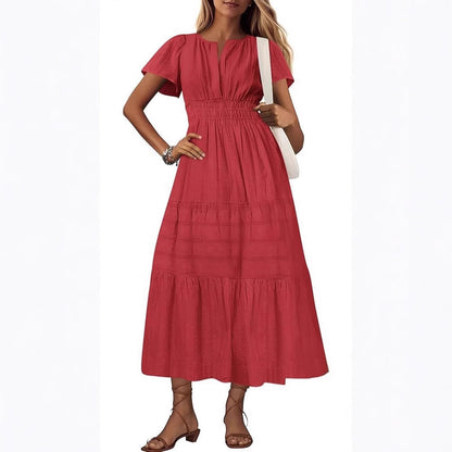 Women's V-Neck Pleated Puff Sleeve Maxi Dress