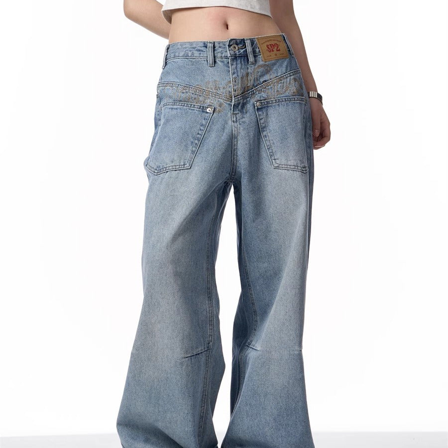 Men's Retro Washed Denim Jeans - Reversible Design, Mid-Rise