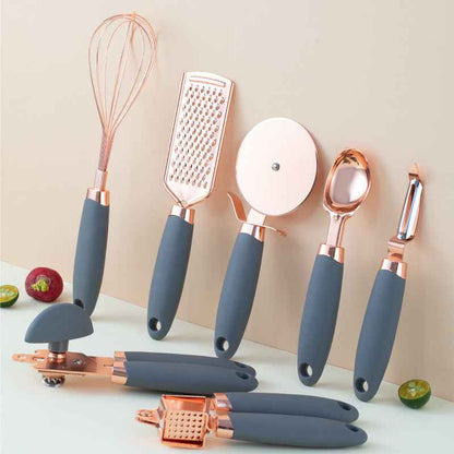 7-Piece Stainless Steel Kitchen Tool Set – Rose Gold Finish Cooking Utensils with Rack