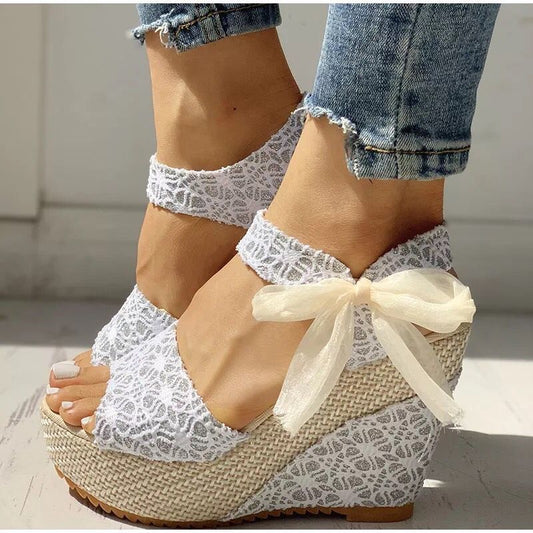 Women's Floral Print Wedge Sandals | Ribbon Tie | EU 35–40