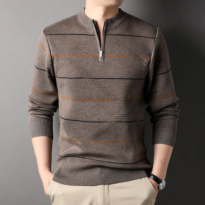 Men's Striped Mock Neck Zip Knit Sweater | Easy Care | JParker