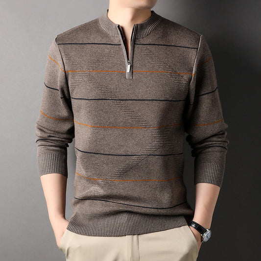 Men's Striped Mock Neck Zip Knit Sweater | Easy Care | JParker