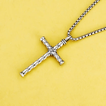 Men's Titanium Steel Cross Sword Pendant Necklace – 60cm Square Pearl Chain
