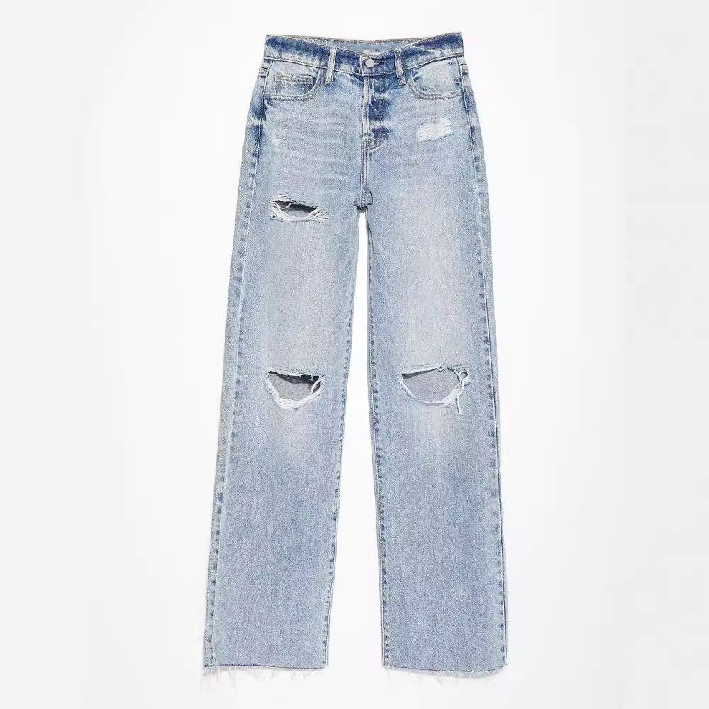 Women's High Waist Ripped Straight Leg Jeans