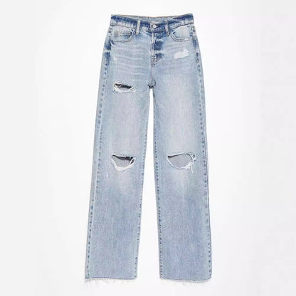 Women's High Waist Ripped Straight Leg Jeans