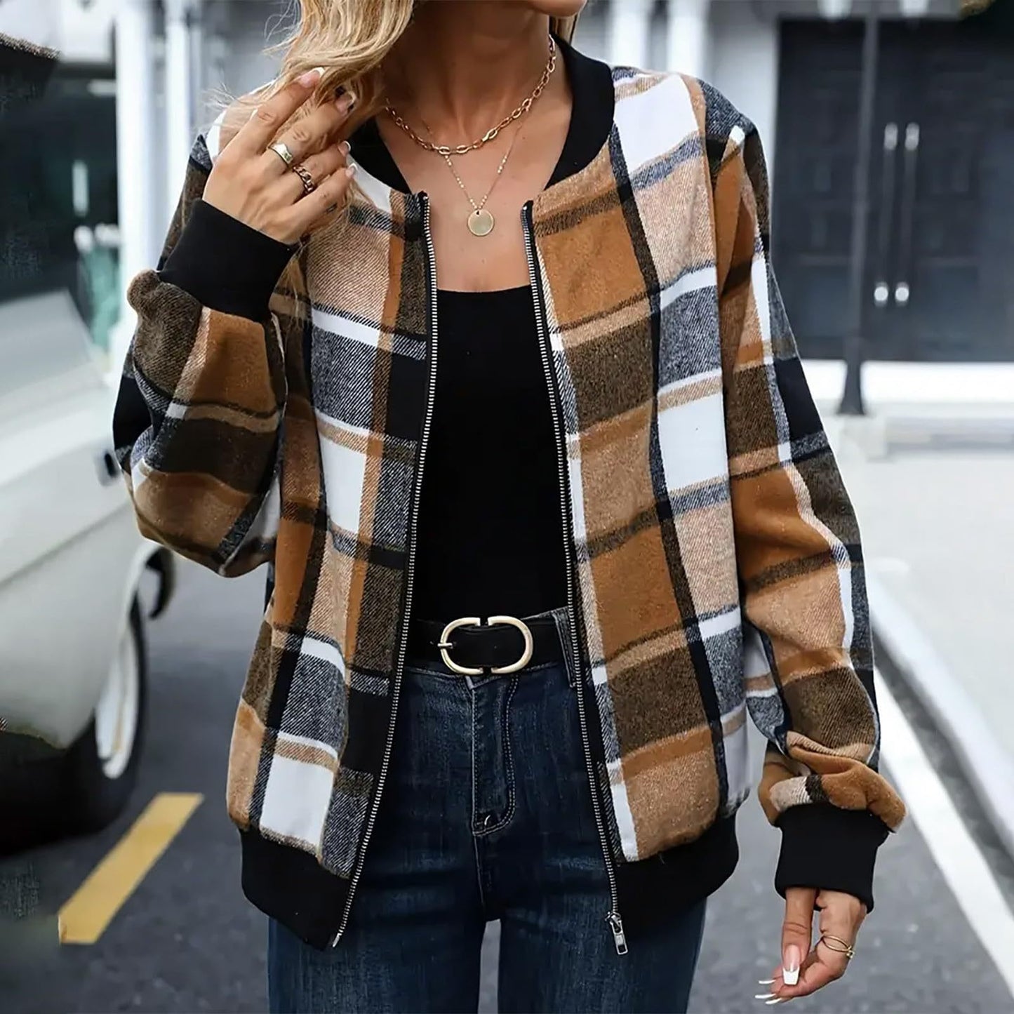 Women's Plaid Zip-Up Baseball Jacket – 8 Colours, Sizes S–XXL