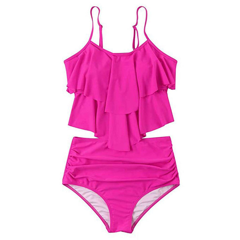 Women's Ruffled Bikini Set – Polyester, Rose Red, Green & Black
